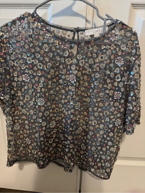 LOFT Tops - LOFT Gray Mesh Sequin Floral Top